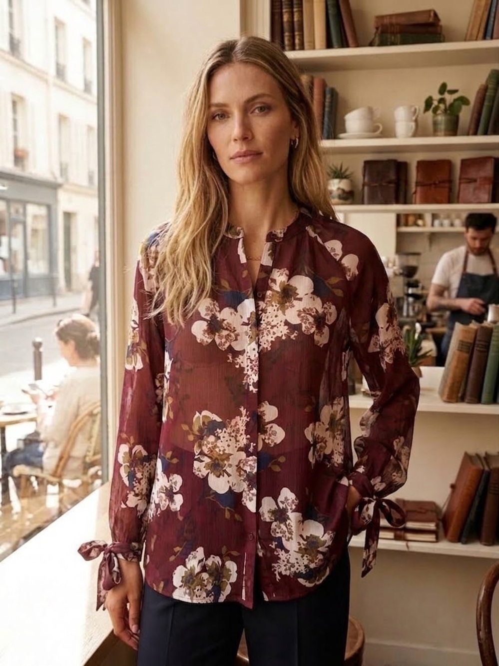 Kut from the Kloth Sheer Burgundy Floral Tie-Sleeve Blouse